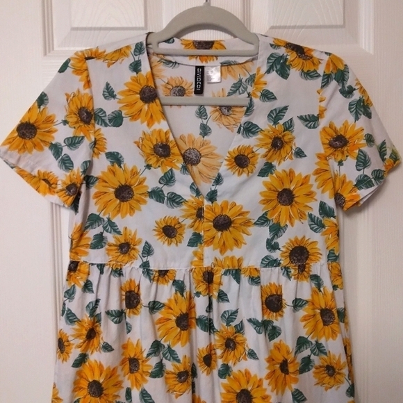 H&m Sunflower Print 100% Cotton Short Sleeve V-Neck Babydoll Mini Dress XS - Picture 2 of 5